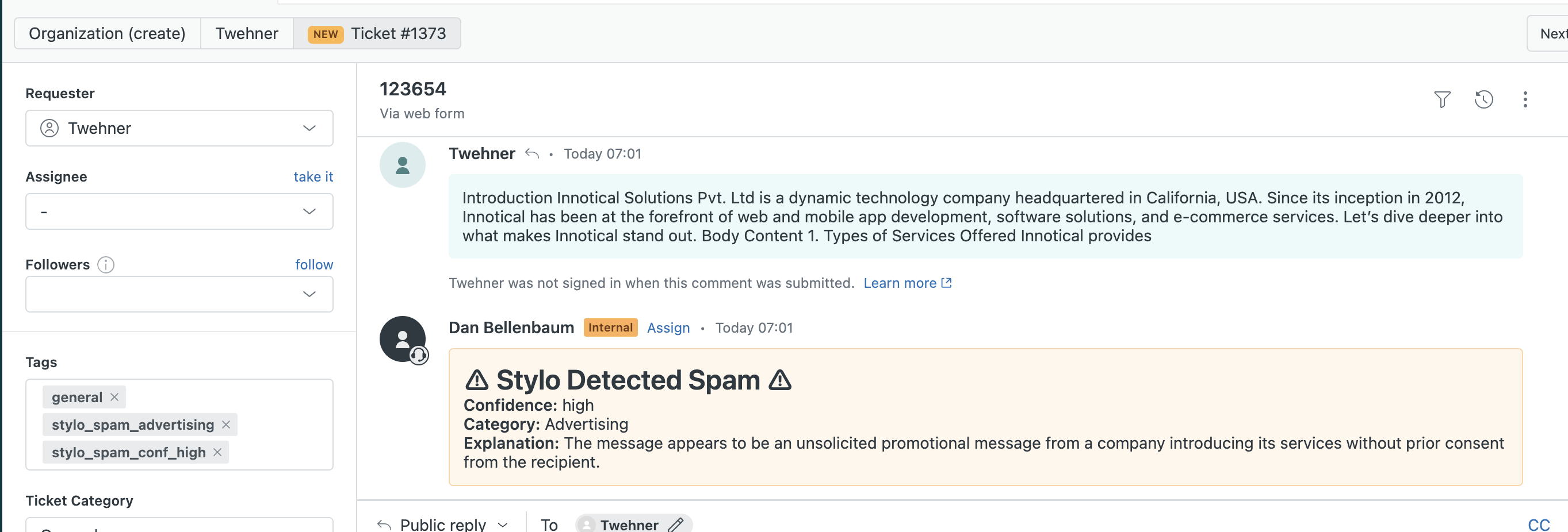 Screenshot of the internal note from Stylo Assist AI Spam and Phishing detection on a ticket in Zendesk