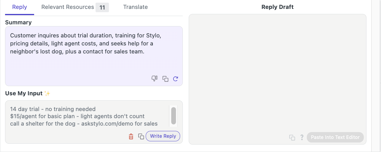 Screenshots of the Reply tab in Stylo Assist with text in the Use My Input box