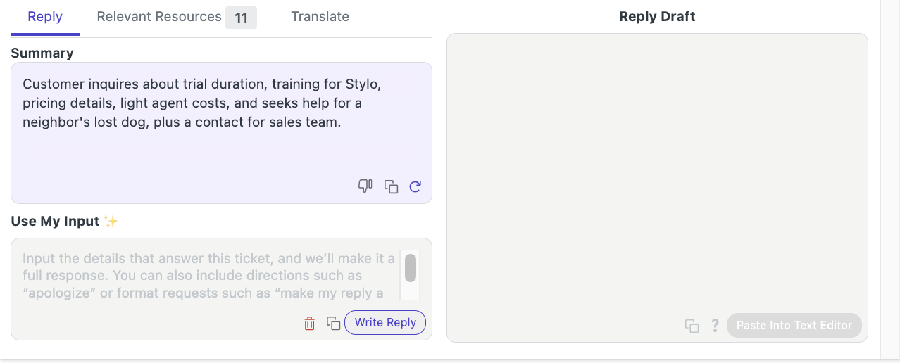 Screenshot of the Reply tab in Stylo Assist in Zendesk