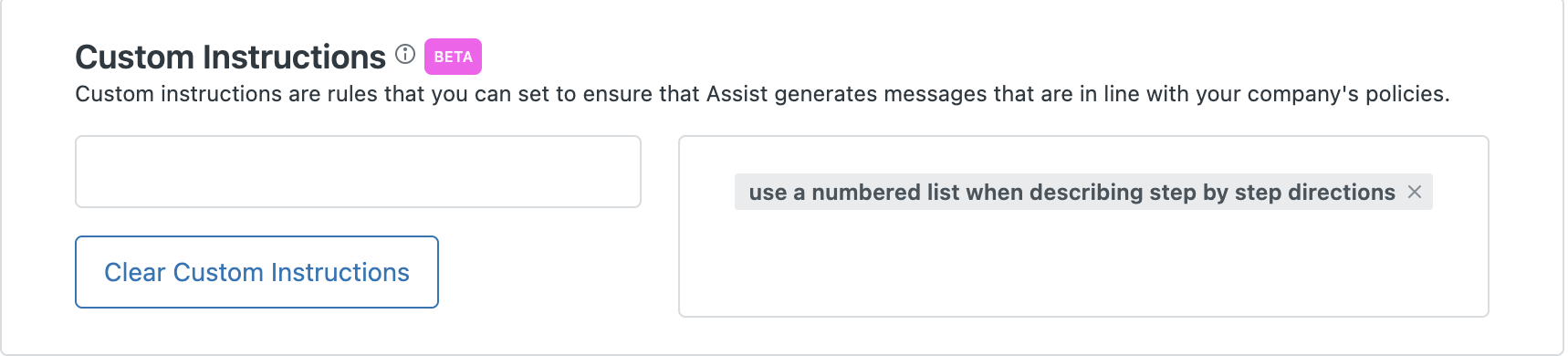 Screenshot of the Custom Instructions beta text box in Brand Settings for Stylo Assist