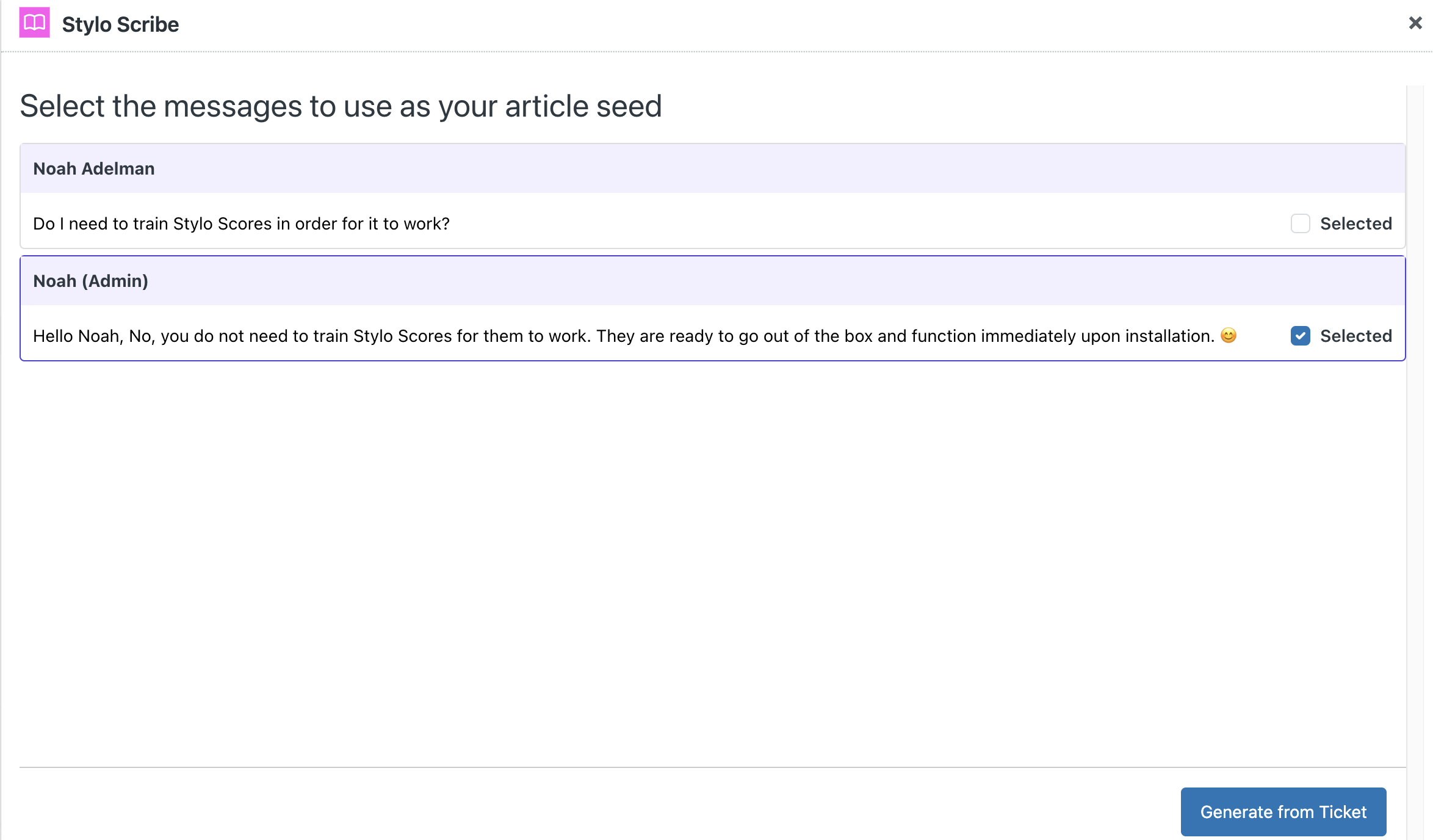 Screenshot of the message selection prompt when generating an article via Stylo Scribe
