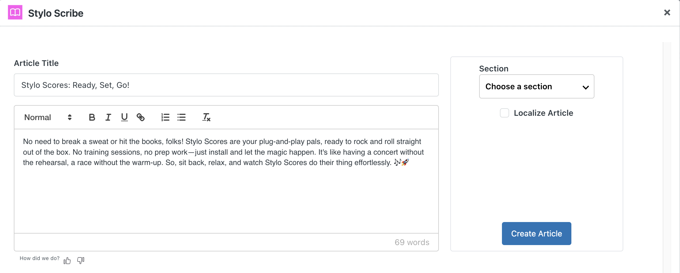 Screenshot of the article draft page in Stylo Scribe