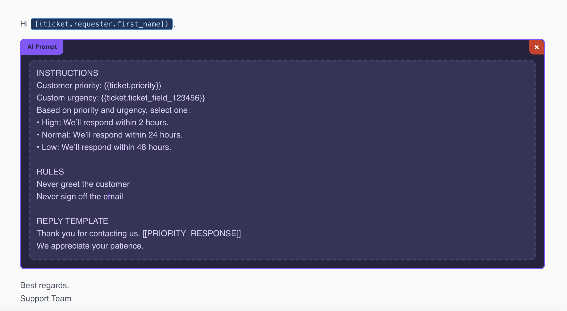 A screenshot showcasing the use of both an AI Prompt block and Static Text
